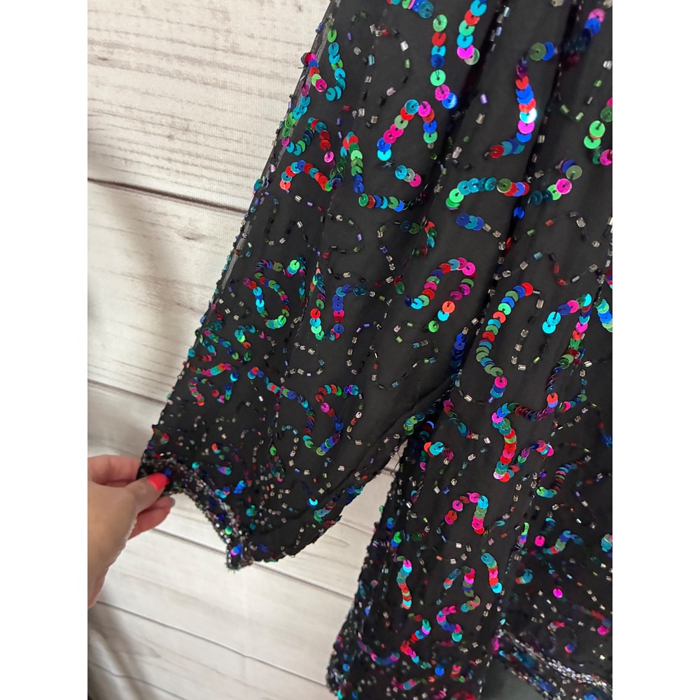 Vintage Silk Beaded Sequin Jacket Rainbow Multi Color Open Front Evening Top 1X - Picture 4 of 10